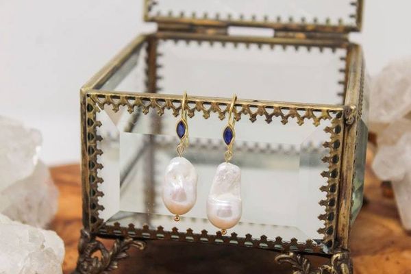 Alternate image for Gold Vermeil Marquise Blue Sapphire and Freshwater Baroque Pearl Earrings