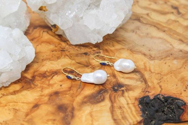 Alternate image for Gold Vermeil Marquise Blue Sapphire and Freshwater Baroque Pearl Earrings
