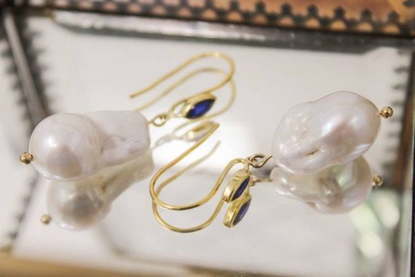 Alternate image for Gold Vermeil Marquise Blue Sapphire and Freshwater Baroque Pearl Earrings