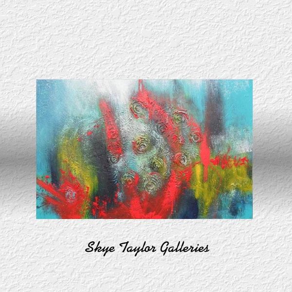 Alternate image for Chicago Nights – Original 36 x 24 Crimson Red, Teal & Heavy Textured Rosette Abstract Canvas Painting by Skye Taylor