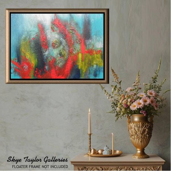 Alternate image for Chicago Nights – Original 36 x 24 Crimson Red, Teal & Heavy Textured Rosette Abstract Canvas Painting by Skye Taylor