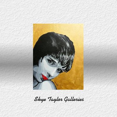 Alternate image for Gold Velvet – Original 28 x 22 70s Retro Pop Art Portrait Painting with Metallic Gold Leaf & Crimson Red Accent by Skye Taylor