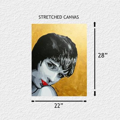 Alternate image for Gold Velvet – Original 28 x 22 70s Retro Pop Art Portrait Painting with Metallic Gold Leaf & Crimson Red Accent by Skye Taylor