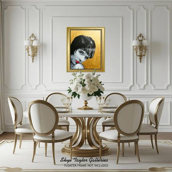 Alternate image for Gold Velvet – Original 28 x 22 70s Retro Pop Art Portrait Painting with Metallic Gold Leaf & Crimson Red Accent by Skye Taylor
