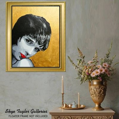 Alternate image for Gold Velvet – Original 28 x 22 70s Retro Pop Art Portrait Painting with Metallic Gold Leaf & Crimson Red Accent by Skye Taylor