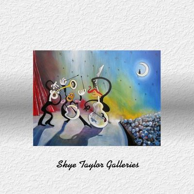 Alternate image for Jazz Under the Stars – Original 40 x 30 Joan Miró Inspired Whimsical Surrealist Jazz Band Canvas Painting by Skye Taylor
