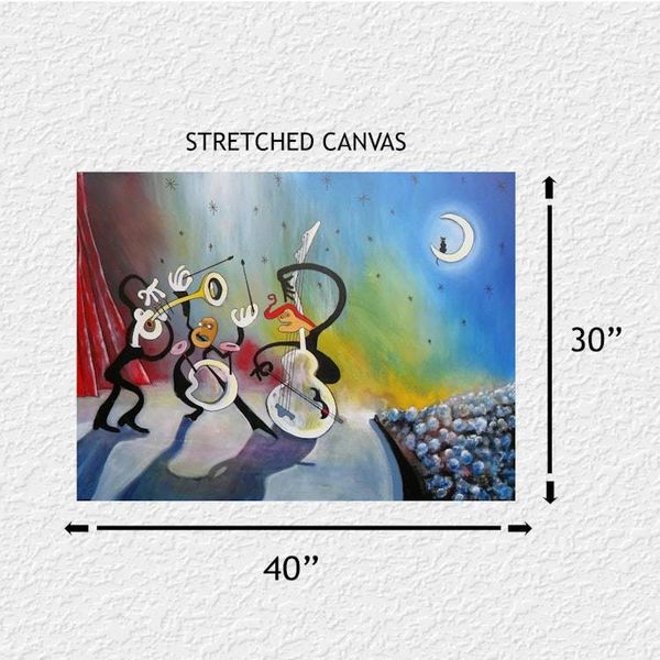 Alternate image for Jazz Under the Stars – Original 40 x 30 Joan Miró Inspired Whimsical Surrealist Jazz Band Canvas Painting by Skye Taylor