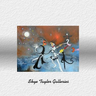 Alternate image for Dancing Under The Stars – Original 40 x 30 Joan Miró Inspired Whimsical Surrealist Figure Canvas Painting by Skye Taylor