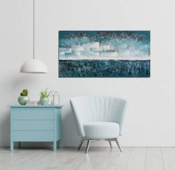 Alternate image for Turquoise Sea – Original 48 x 24 Textured Palette Knife Coastal Abstract Canvas Painting by Skye Taylor