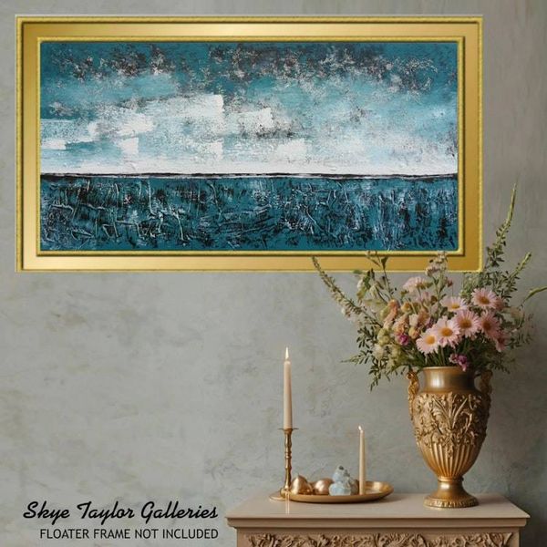 Alternate image for Turquoise Sea – Original 48 x 24 Textured Palette Knife Coastal Abstract Canvas Painting by Skye Taylor