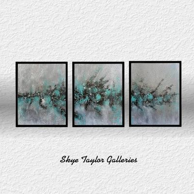 Alternate image for Walking on Air No. 3 – Original 20 x 48 Turquoise & Charcoal Textured Triptych Abstract 3-Panel Painting by Skye Taylor
