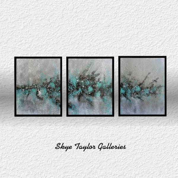 Alternate image for Walking on Air No. 3 – Original 20 x 48 Turquoise & Charcoal Textured Triptych Abstract 3-Panel Painting by Skye Taylor
