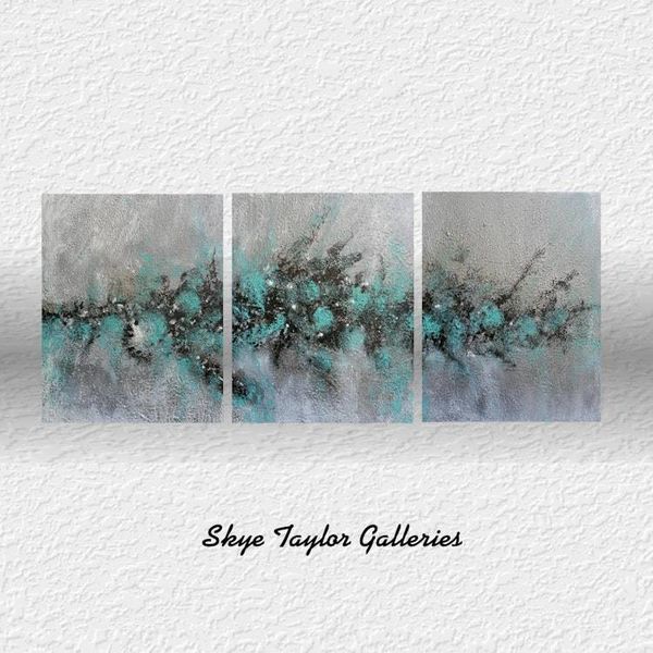 Alternate image for Walking on Air No. 3 – Original 20 x 48 Turquoise & Charcoal Textured Triptych Abstract 3-Panel Painting by Skye Taylor