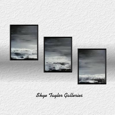 Alternate image for Night Sea – Original 20 x 48 Black and White Textured Triptych Abstract Seascape 3-Panel Painting by Skye Taylor