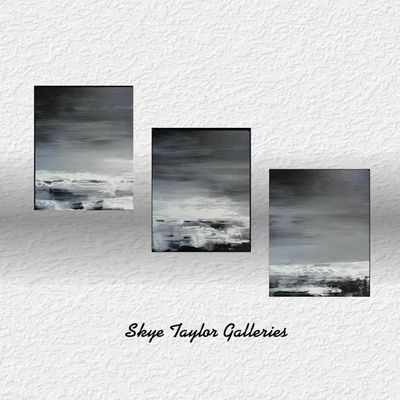Alternate image for Night Sea – Original 20 x 48 Black and White Textured Triptych Abstract Seascape 3-Panel Painting by Skye Taylor