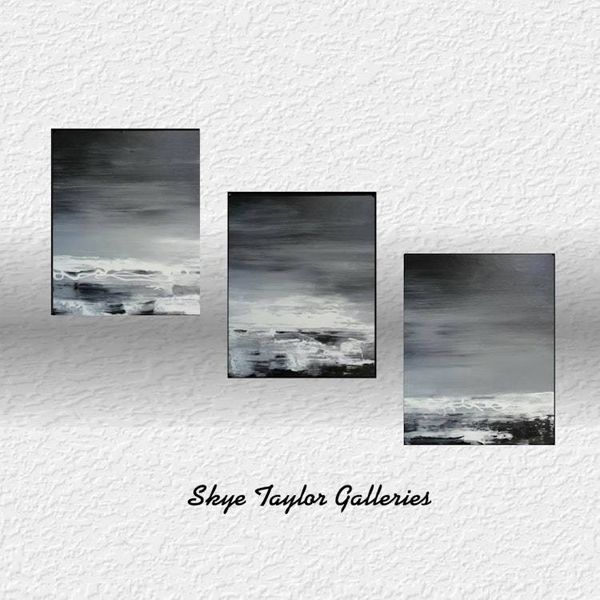 Alternate image for Night Sea – Original 20 x 48 Black and White Textured Triptych Abstract Seascape 3-Panel Painting by Skye Taylor