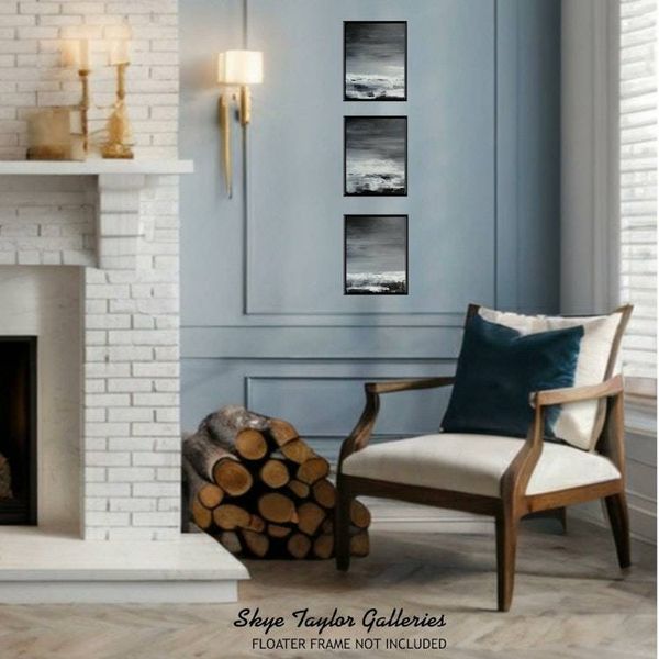 Alternate image for Night Sea – Original 20 x 48 Black and White Textured Triptych Abstract Seascape 3-Panel Painting by Skye Taylor