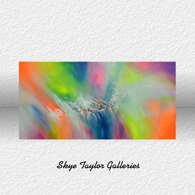Alternate image for Spirits Having Flown – Original 48 x 24 Bright Citrus Orange & Lime Green Panoramic Abstract Canvas Painting by Skye Taylor