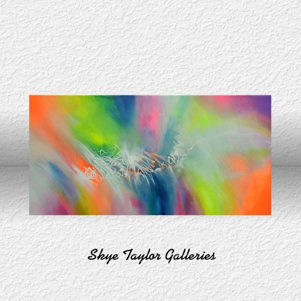 Alternate image for Spirits Having Flown – Original 48 x 24 Bright Citrus Orange & Lime Green Panoramic Abstract Canvas Painting by Skye Taylor