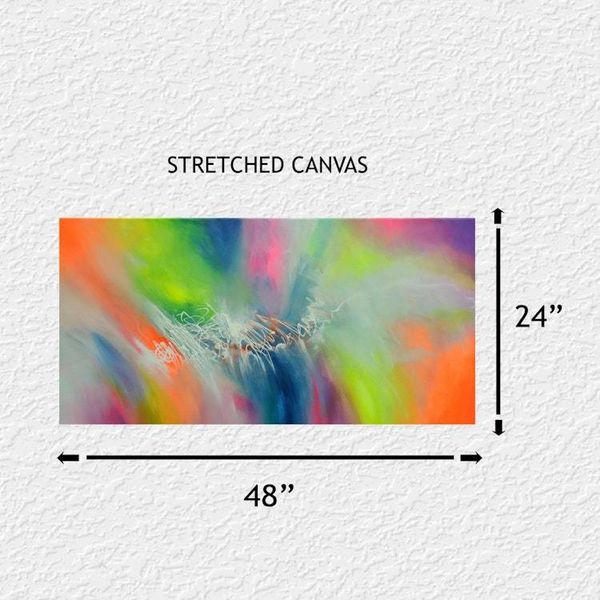 Alternate image for Spirits Having Flown – Original 48 x 24 Bright Citrus Orange & Lime Green Panoramic Abstract Canvas Painting by Skye Taylor