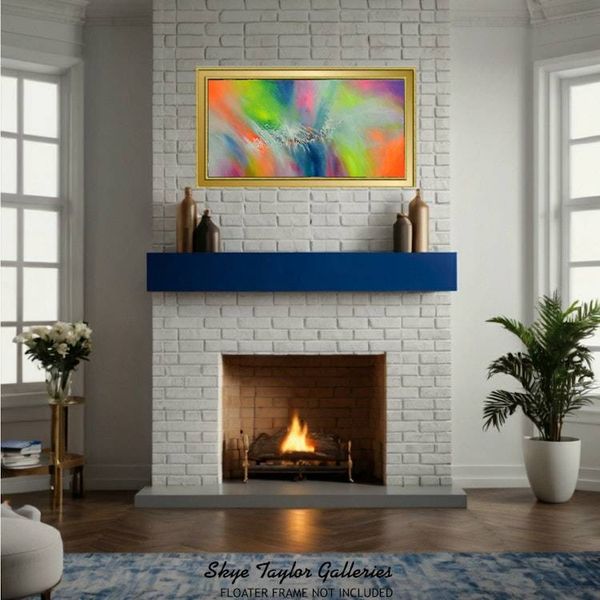 Alternate image for Spirits Having Flown – Original 48 x 24 Bright Citrus Orange & Lime Green Panoramic Abstract Canvas Painting by Skye Taylor
