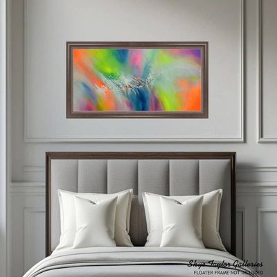 Alternate image for Spirits Having Flown – Original 48 x 24 Bright Citrus Orange & Lime Green Panoramic Abstract Canvas Painting by Skye Taylor