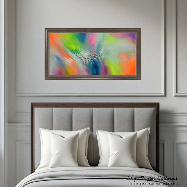 Alternate image for Spirits Having Flown – Original 48 x 24 Bright Citrus Orange & Lime Green Panoramic Abstract Canvas Painting by Skye Taylor