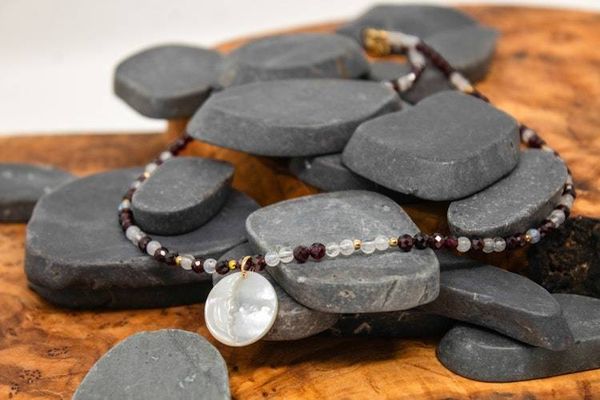 Alternate image for Garnet and Rainbow Moonstone Mother-of-Pearl Moon Necklace