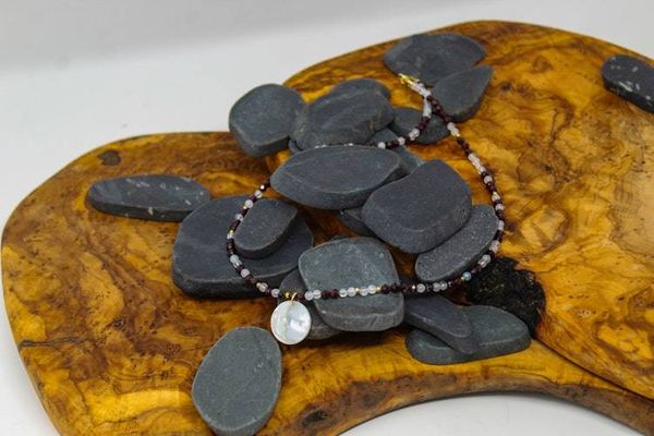 Alternate image for Garnet and Rainbow Moonstone Mother-of-Pearl Moon Necklace
