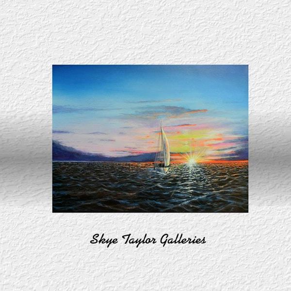 Alternate image for Sailboat Sunset – Original 24 x 18 Seascape Ocean Sunset Canvas Painting by Skye Taylor