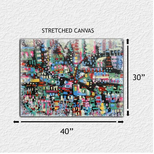 Alternate image for City of Red Fields – Original 40 x 30 Large Mosaic Urban Abstract Canvas Painting by Skye Taylor