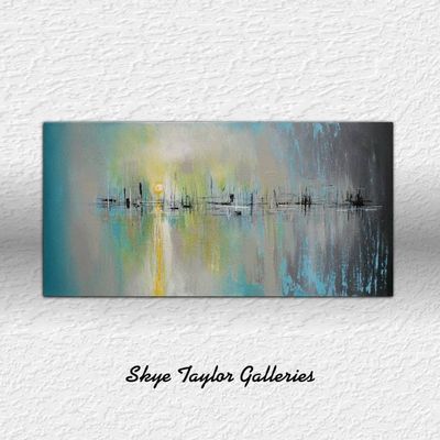Alternate image for Tomorrow No.2 – Original 48 x 24 Large Panoramic Abstract Cityscape & Harbor Reflection Canvas Painting by Skye Taylor
