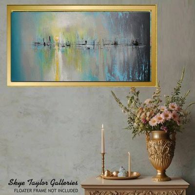 Alternate image for Tomorrow No.2 – Original 48 x 24 Large Panoramic Abstract Cityscape & Harbor Reflection Canvas Painting by Skye Taylor
