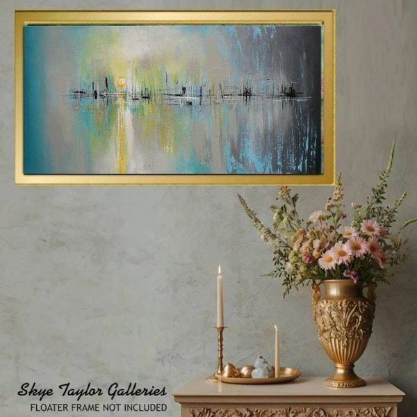 Alternate image for Tomorrow No.2 – Original 48 x 24 Large Panoramic Abstract Cityscape & Harbor Reflection Canvas Painting by Skye Taylor