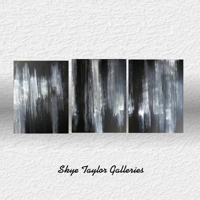 Alternate image for Night Life – Original 54 x 24 3-Panel Triptych Black & Silver Monochromatic Abstract Canvas Painting by Skye Taylor