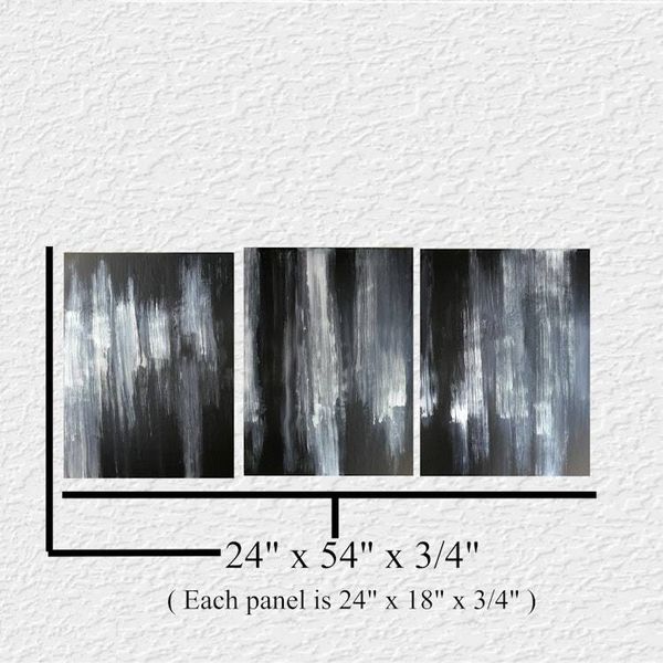 Alternate image for Night Life – Original 54 x 24 3-Panel Triptych Black & Silver Monochromatic Abstract Canvas Painting by Skye Taylor