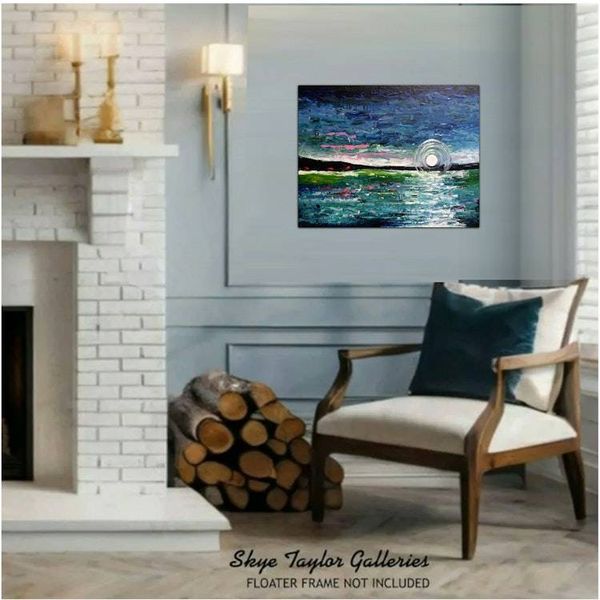 Alternate image for Le Beau Lac No.2 – Original 22 x 28 Moonlit Lake Horizon Impressionist Canvas Painting by Skye Taylor