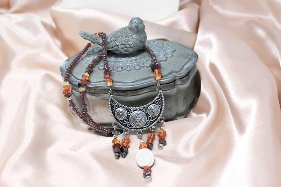 Red Garnet, Amber and Shiva Shell Necklace
