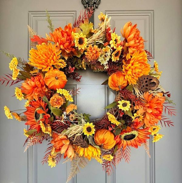 Alternate image for Fall Harvest Wreath – Autumn Pumpkin & Sunflower Front Door Wreath