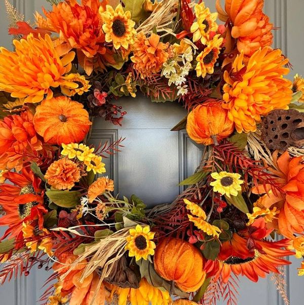 Alternate image for Fall Harvest Wreath – Autumn Pumpkin & Sunflower Front Door Wreath