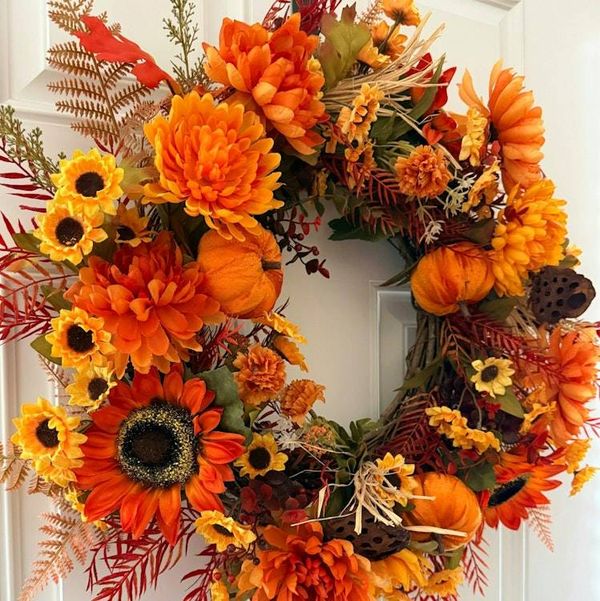 Alternate image for Fall Harvest Wreath – Autumn Pumpkin & Sunflower Front Door Wreath