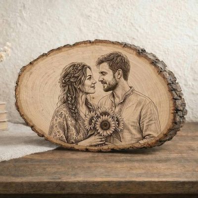 Alternate image for Custom Photo Engraved Wood Slice Portrait - Personalized Wood Burned Art
