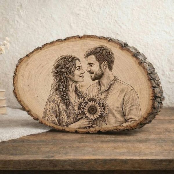 Alternate image for Custom Photo Engraved Wood Slice Portrait - Personalized Wood Burned Art