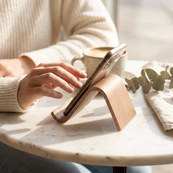 Alternate image for Handcrafted Bent Plywood Phone Stand with Natural Wood Grain