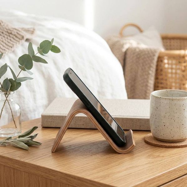 Alternate image for Handcrafted Bent Plywood Phone Stand with Natural Wood Grain