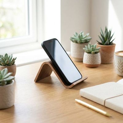 Alternate image for Handcrafted Bent Plywood Phone Stand with Natural Wood Grain