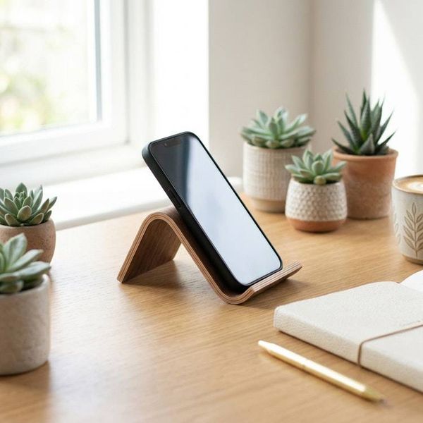 Alternate image for Handcrafted Bent Plywood Phone Stand with Natural Wood Grain