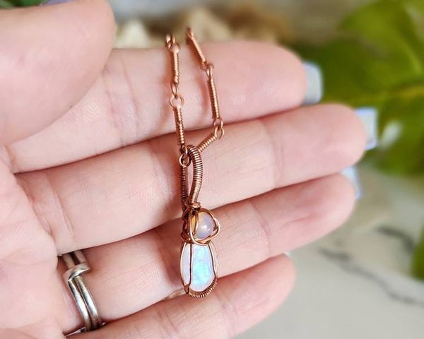 Alternate image for Rainbow Moonstone and Opal Copper Wire Wrapped Necklace