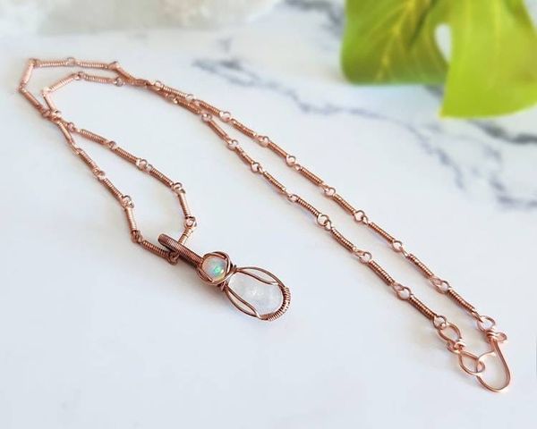 Alternate image for Rainbow Moonstone and Opal Copper Wire Wrapped Necklace