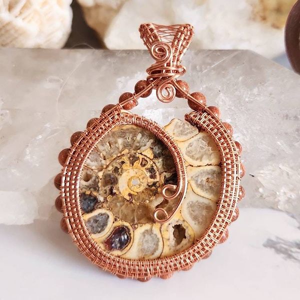 Alternate image for Ammonite and Goldstone Copper Wire Wrapped Pendant